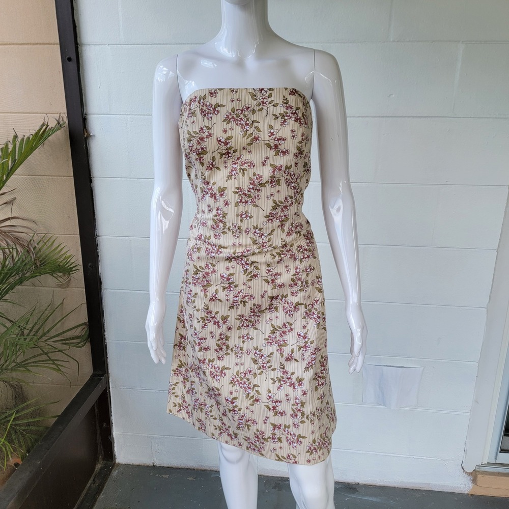 VTG 90s Willi Smith Strapless Dress Tan Floral Women's 12 Cottagecore Retro